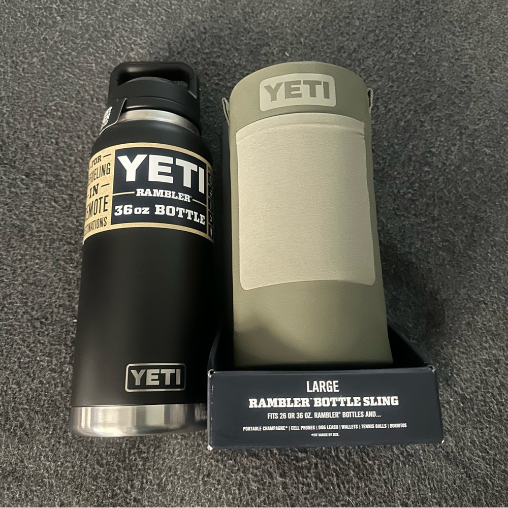 Yeti Rambler 36oz Black Water Bottle with Chug Cap & Rambler Bottle Slin…